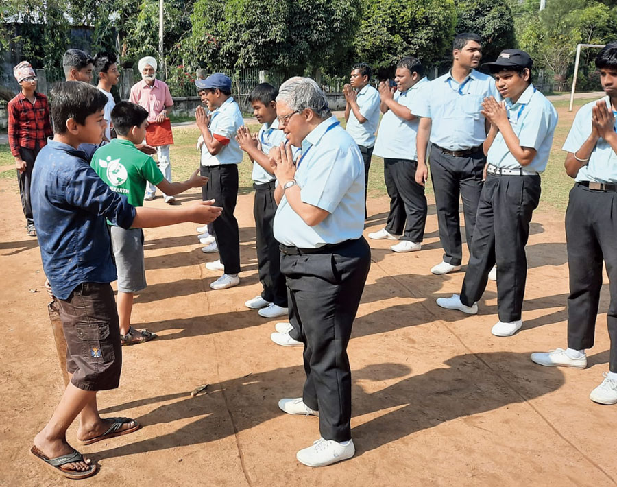 Special students of Jeevika greet children with folded hands at Joggers’ Park in Sonari, Jamshedpur, on Friday. 