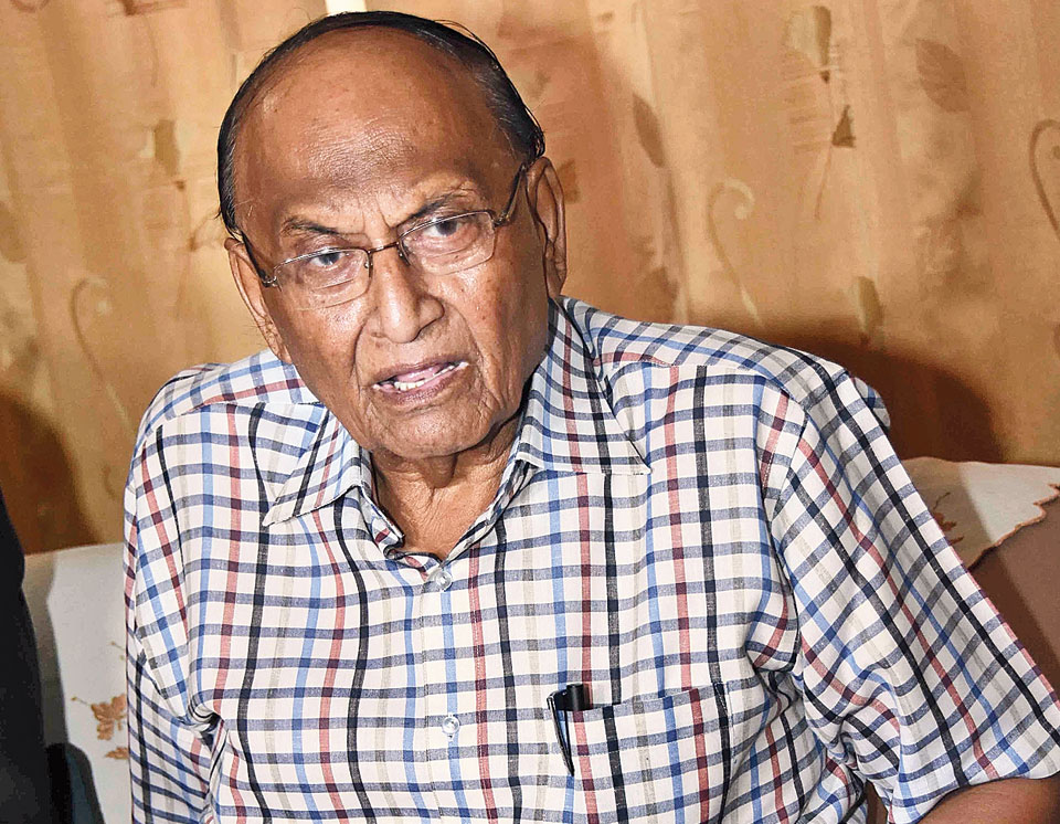 BJP Rajya Sabha member Dr CP Thakur speaks to the press at his house in Patna on Friday. 