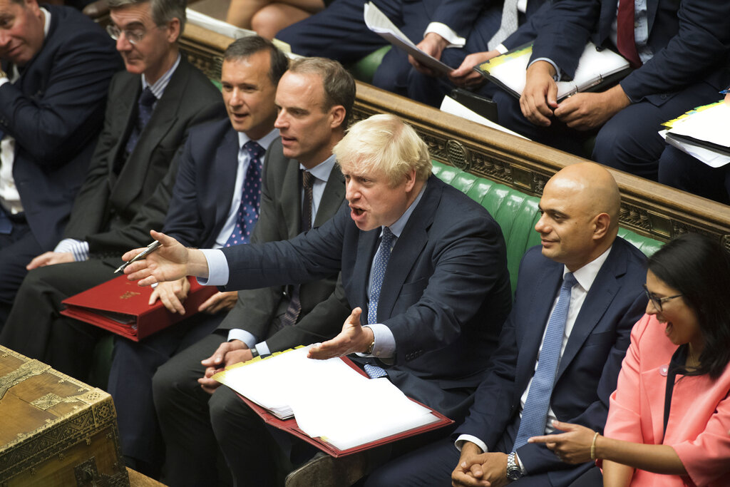 File photo of Britain's Prime Minister Boris Johnson, third from right, during his first Prime Minister's Questions, in the House of Commons in London, on September 4, 2019. If Britain leaves now, it will take another five years to work out what the new economic relationship with the EU will be