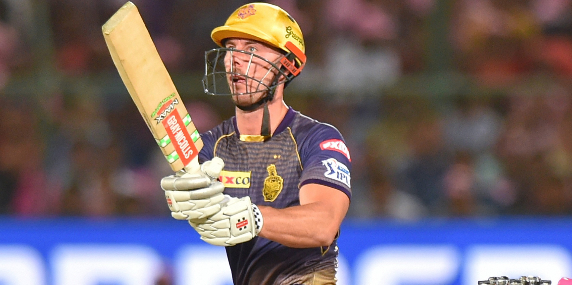 Chris Lynn plays a shot during the Indian Premier League 2019 cricket match between Rajasthan Royals (RR) and Kolkata Knight Riders (KKR), in Jaipur on Sunday, April 7, 2019.