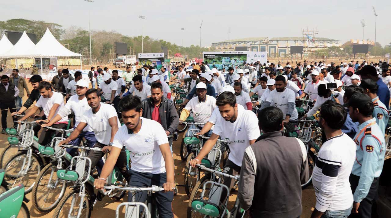 People take part in the cyclothon on Morabadi grounds in Ranchi on Sunday.