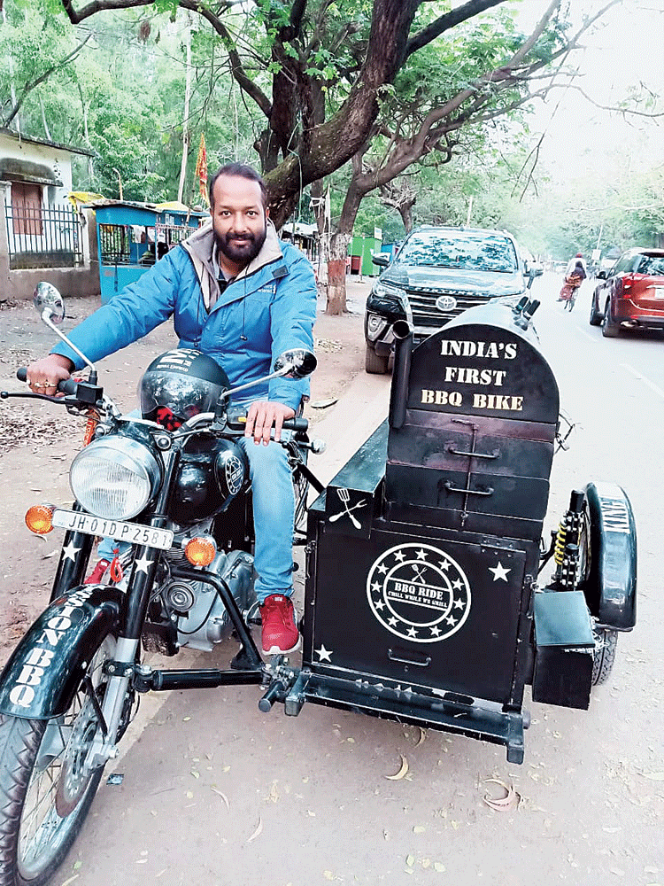 Ravi Shaw with his bike in Ranchi on Monday. 
