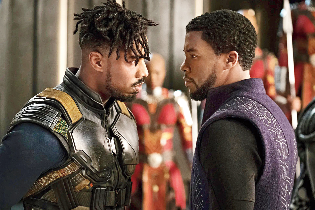 Michael B. Jordan (left) as Erik Killmonger faces off with T’Challa, or Black Panther, played by Chadwick Boseman