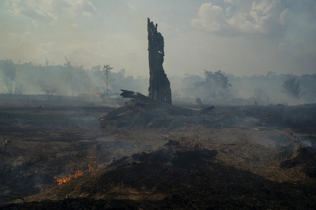 In this August 26, 2019, photo, the land smolders during a forest fire in Altamira in Brazil's Amazon.