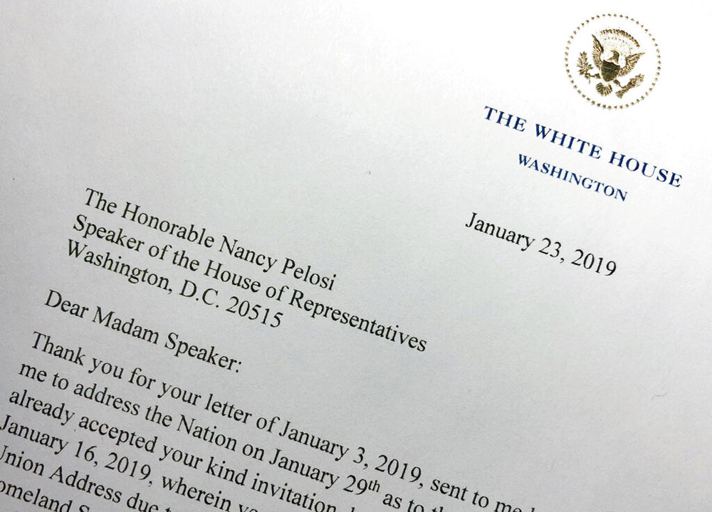 A portion of a letter sent to House Speaker Nancy Pelosi by President Donald Trump on Wednesday, January 23, 2019.