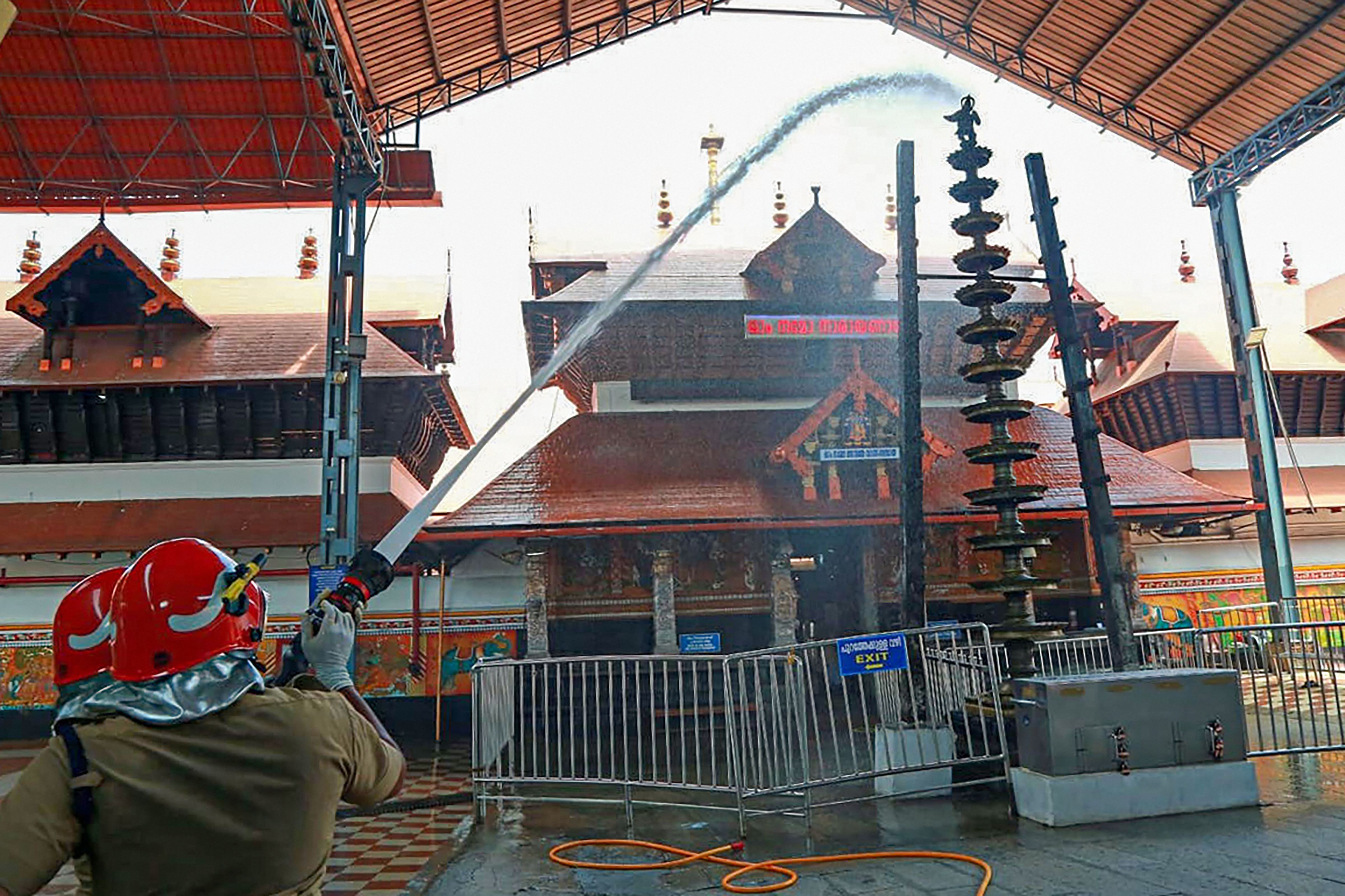 Guruvayur Sri Krishna temple being cleaned ahead of its reopening tomororow, during the ongoing Covid-19 lockdown, in Kochi, Monday, June 8, 2020