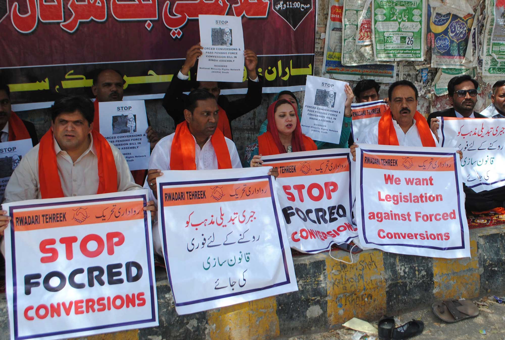Pakistani civil society activists call for protection of Hindu girls at a protest in Hyderabad, Pakistan, on April 5, 2019.