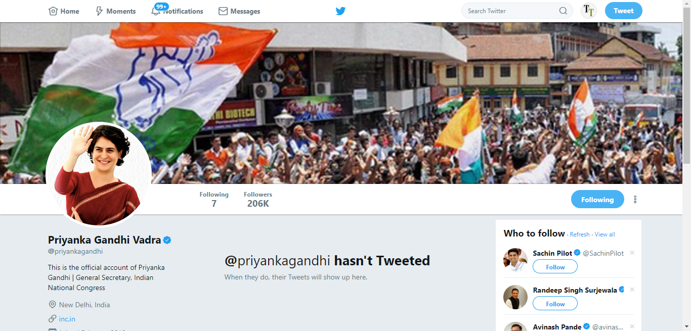 Priyanka Gandhi's official Twitter account on February 15, 2019.