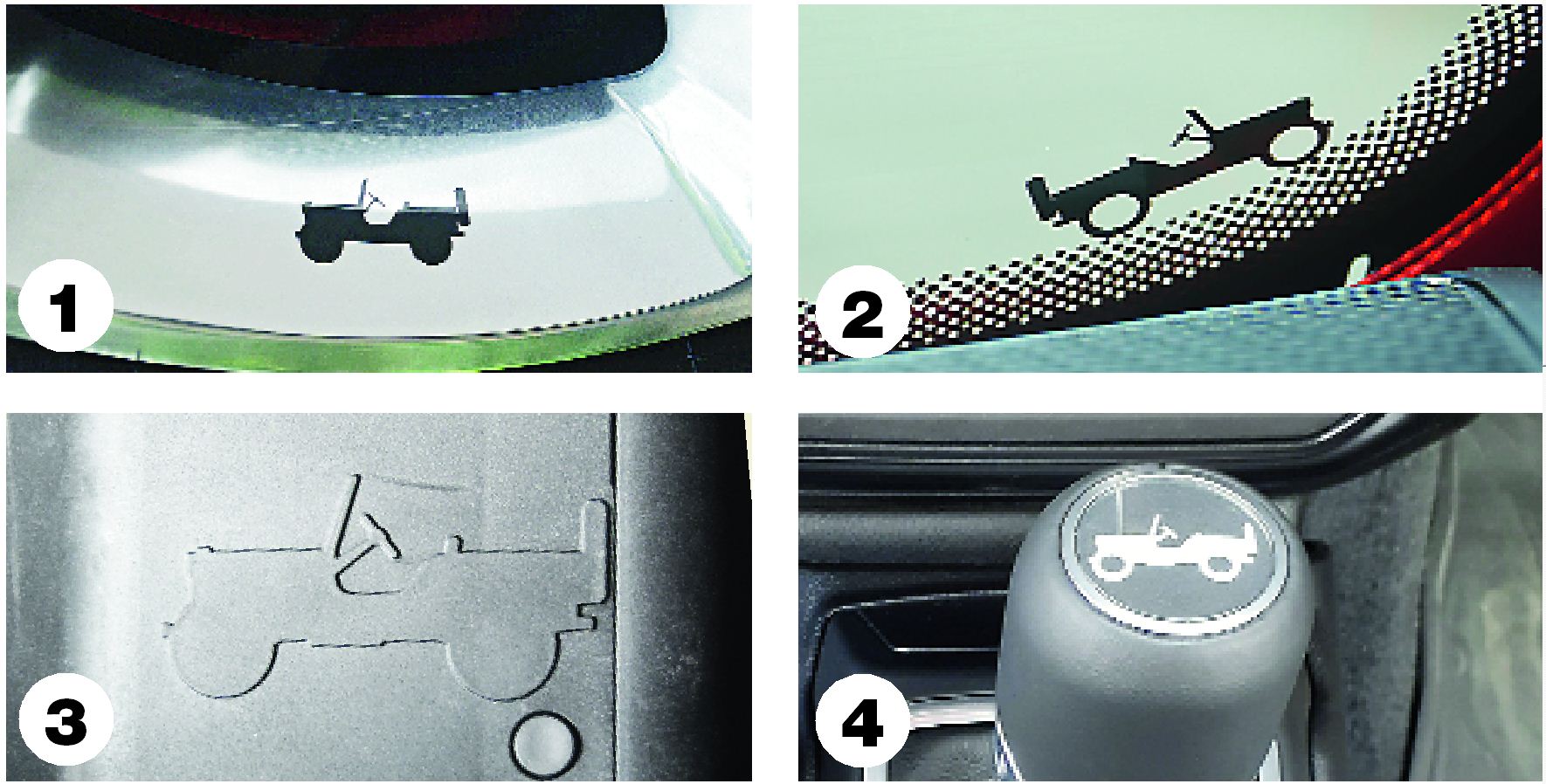 There are little Jeeps all over the place — on the (1) wheel rims, (2) windshield, (3) floor mat and (4) gear shift knob