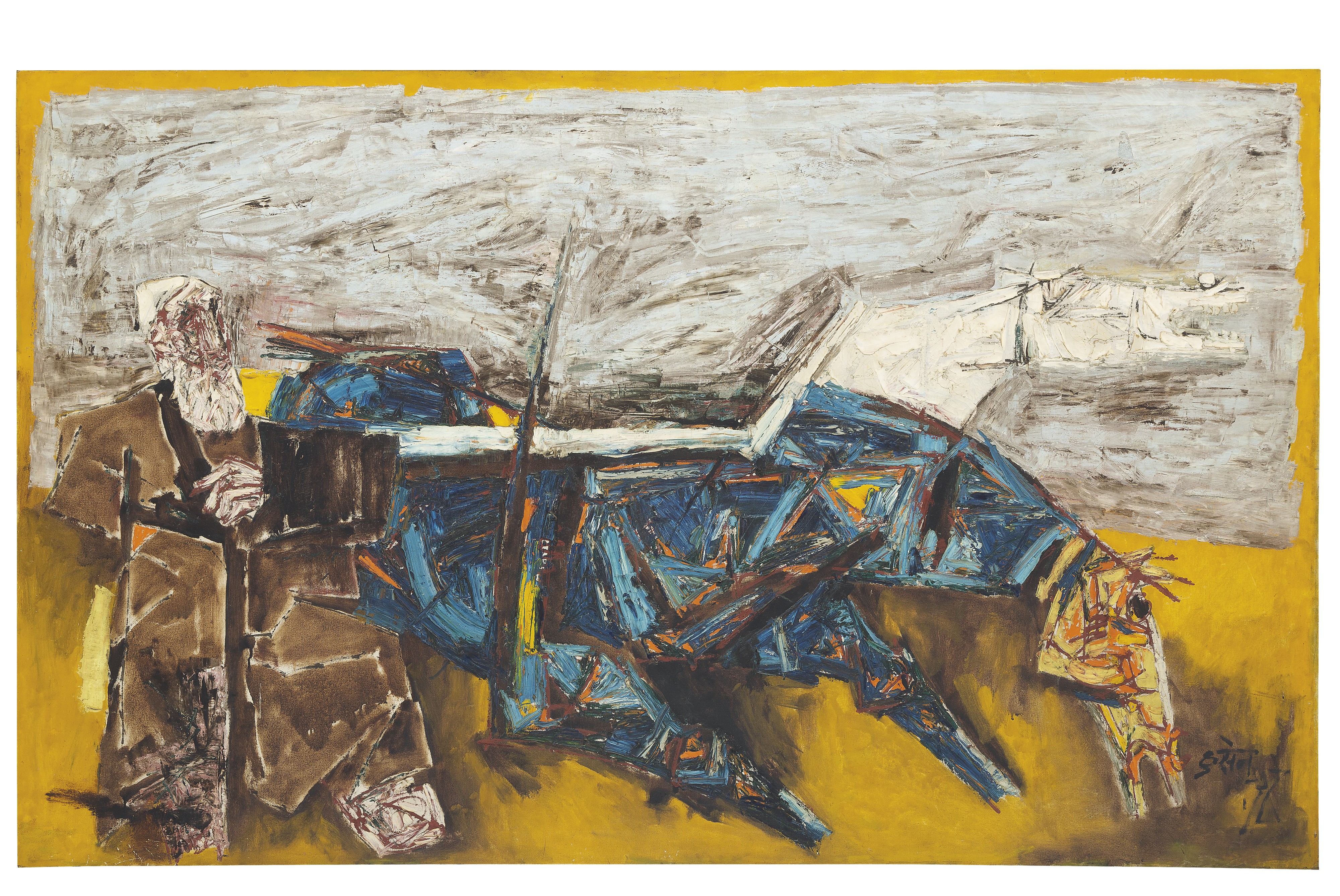 Untitled, M F Husain.
The 'Untitled (Horses)' was painted by M F Husain in the mid-1960s. Here, Husain combines the autobiographical with the mythical. The rippling muscles on the necks and flanks of the cobalt horse in the foreground and the white horse behind it are etched out in thick strokes of paint. On their left, the figure, representing Dada Abdul, with his characteristic skull cap and white beard, is dressed in the brown achkan whose protective folds Husain remembers hiding in as a child. (Estimate: $700,000-900,000).