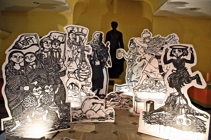 Some other installations made by Paul. The one in front shows Hindu and Muslim men, women and children with two flags, one with “peace” written in Hindi on it and the other in Urdu. The installation is based on a work of Chittaprosad Bhattacharya. Bhattacharya, who died in penury in 1978, was a member of the undivided Communist party and worked as an artist for the party’s publications.