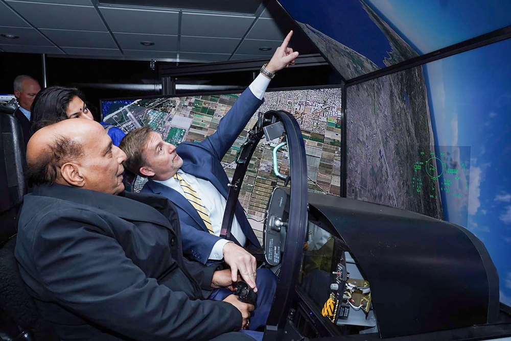 Defence minister Rajnath Singh in a flight simulator at the Naval Air Station Oceana in Virginia, US, on December 17, 2019
