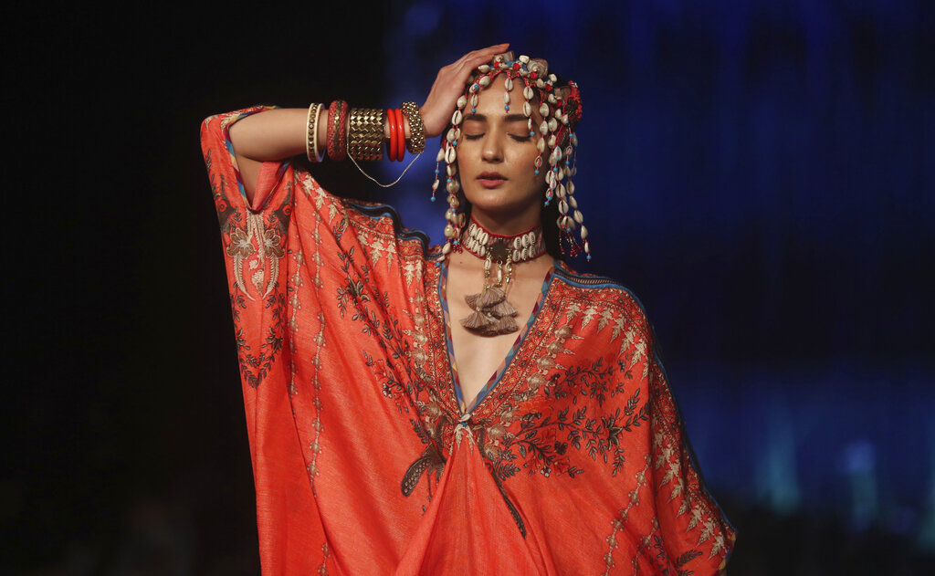 A model displays creations by Rajdeep Ranawat during Lakme Fashion Week in Mumbai
