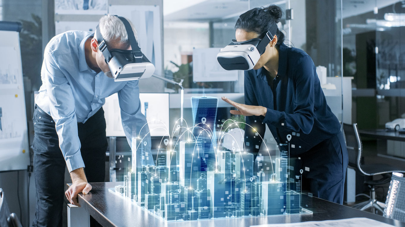 Architects wearing AR headsets work with a 3D model of a building project
