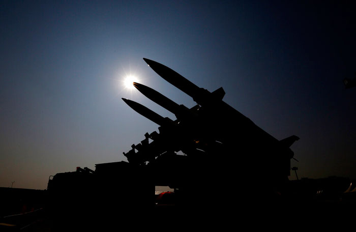 India's Akash Army Launcher, a mobile launch system for Akash Missiles is displayed at the biennial Defense Expo in Lucknow, on Wednesday