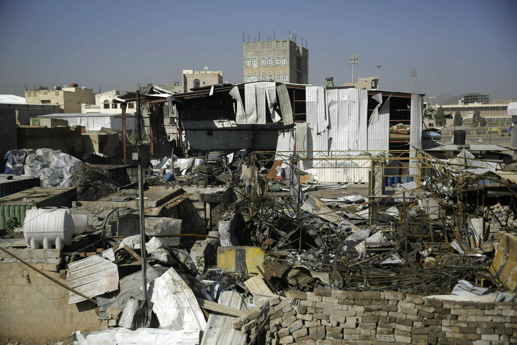 This April 10, 2019, file photo shows a view of the site of an airstrike by Saudi-led coalition in Sanaa, Yemen. 