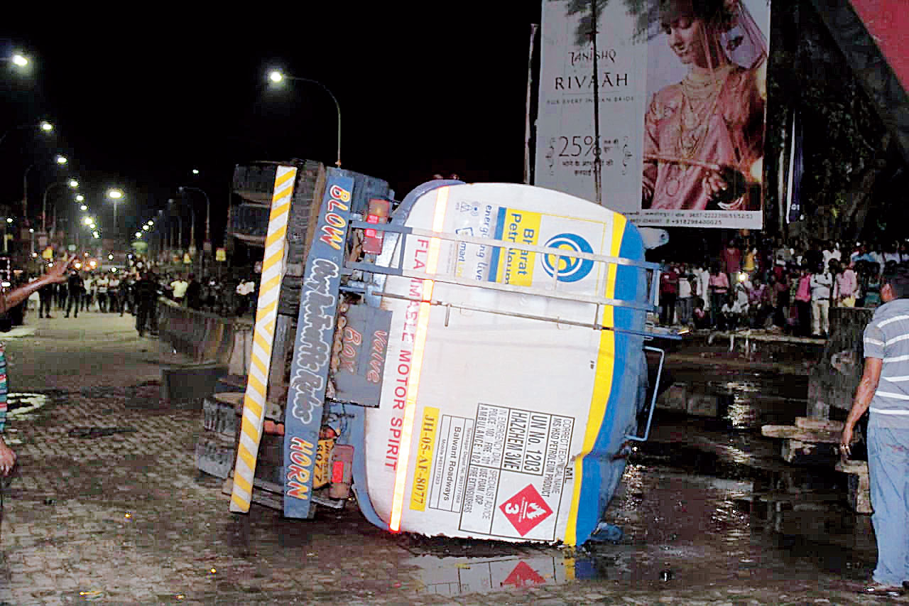 The oil tanker after the mishap near Mango bus terminus in Jamshedpur on Friday. 