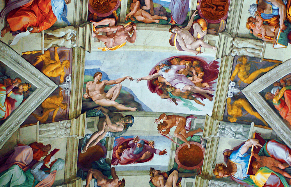 Part of the artwork of Michelangelo that adorns the ceiling of the Sistine Chapel at the Vatican, Italy