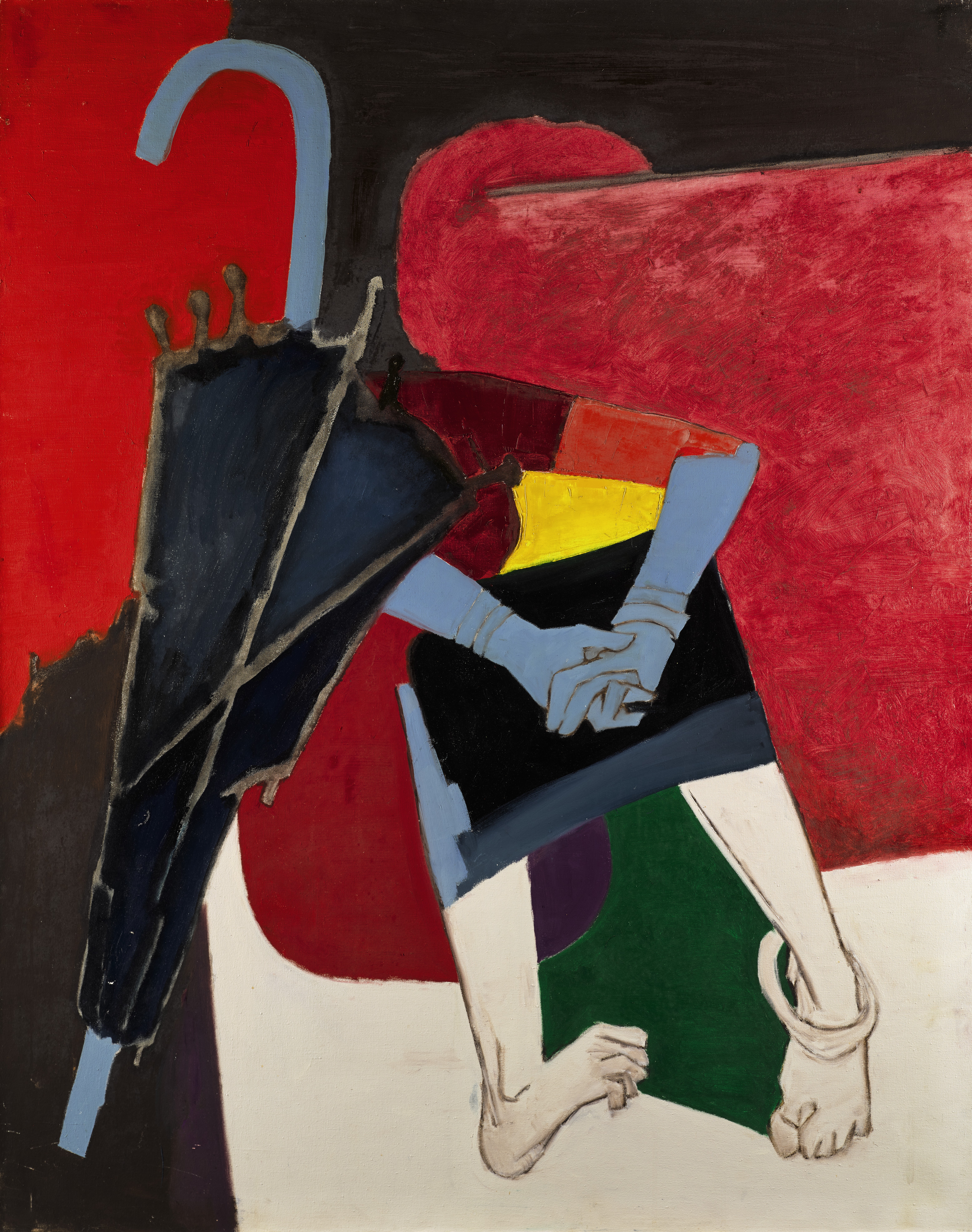 Acquired by the Barbiers the year it was painted, this work hails from the artist’s Portrait of an Umbrella series in which Husain explores what the umbrella could mean as a metaphor to different people. For example, the artist’s grandfather who used to take him to school ‘umbrella in one hand and Maqbool’s hand in the other,’ the vegetable seller protecting her son from the scorching heat, and Queen Victoria and her favourite manservant with an umbrella. Here we see a village woman whose face is obscured by the umbrella. Maqbool Fida Husain, Umbrella VII (1978),
Oil on canvas, 146.5 x 116.5 cm, est. £100,000-150,000