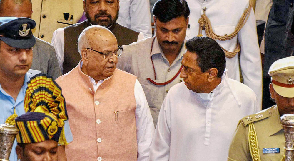 Madhya Pradesh governor Lalji Tandon and chief minister Kamal Nath at the Assembly in Bhopal on Monday