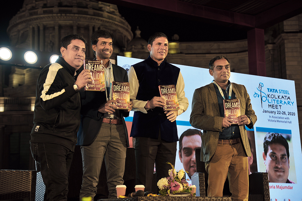(L-R) Boria Majumdar, Pullela Gopichand, Devendra Jhajaria and Nalin Mehta at the launch of Dreams of a Billion: India and the Olympic Games at Tata Steel Kolkata Literary Meet. Boria and Nalin, also a co-host at the session, have penned the book that has been published by HarperCollins India and is priced at Rs 599. “This book is not just the story of Indian sports — it is the story of us as a nation; of our dreams and aspirations and how they play out for the few who represent a billion. It is the story of India and its journey told through the prism of sports,” Boria and Nalin write in the introduction.