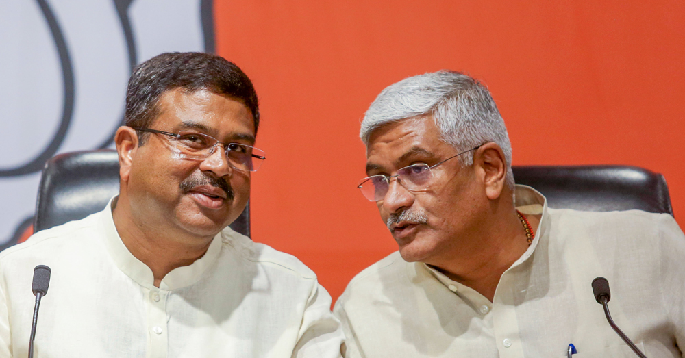 Union Ministers Dharmendra Pradhan and Gajendra Singh Shekhawat address a press conference, in New Delhi, Monday, August 26, 2019. 