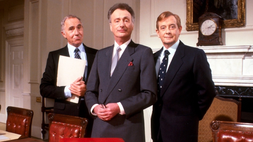 'Yes Minister' starring Paul Eddington as the Right Honourable James Hacker, Nigel Hawthorne as Sir Humphrey Appleby and Derek Fowlds as Bernard Woolley.
