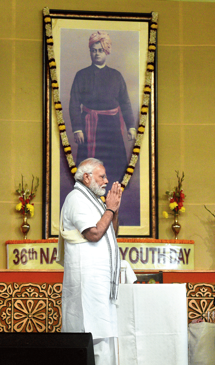 Prime Minister Narendra Modi at a event organised to celebrate Swami Vivekananda’s birth anniversary at Belur Math on Sunday. 
