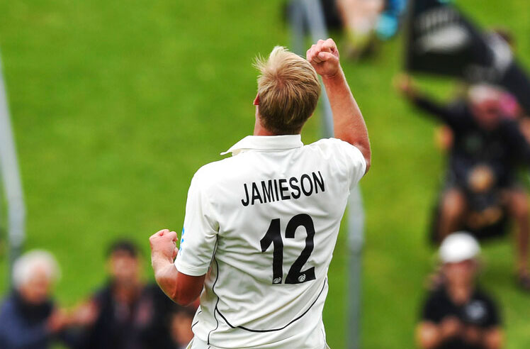 Kyle Jamieson celebrates after dismissing India's Virat Kohli for two runs in Wellington on Friday