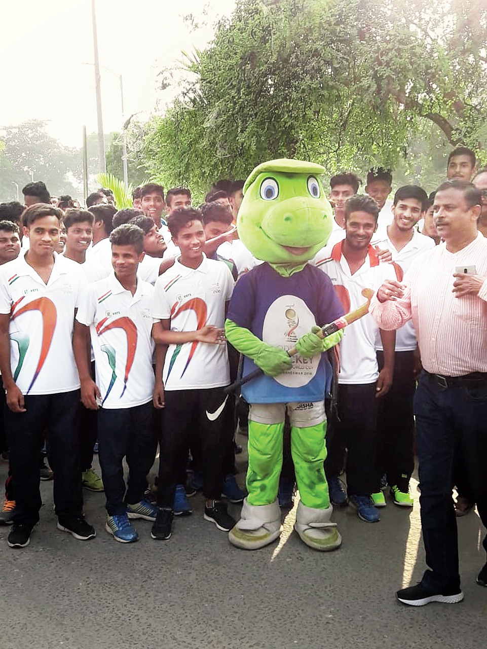 Hockey fans: Olly, the official mascot of Men’s Hockey World Cup 2018, at the Jawaharlal Nehru Indoor Stadium in Cuttack on Sunday. 