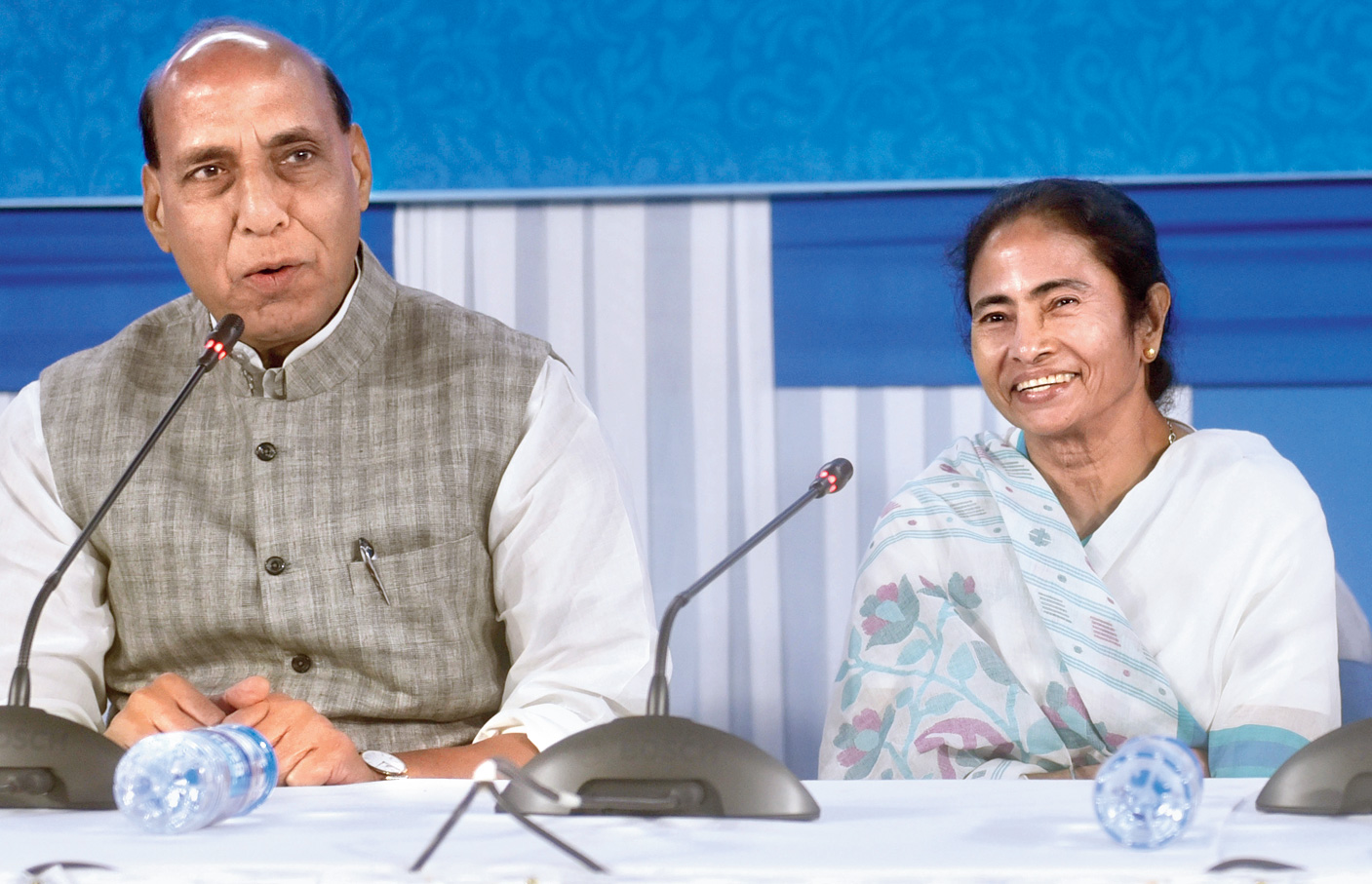 Union home minister Rajnath Singh with Bengal chief minister Mamata Banerjee in Calcutta on Monday.  