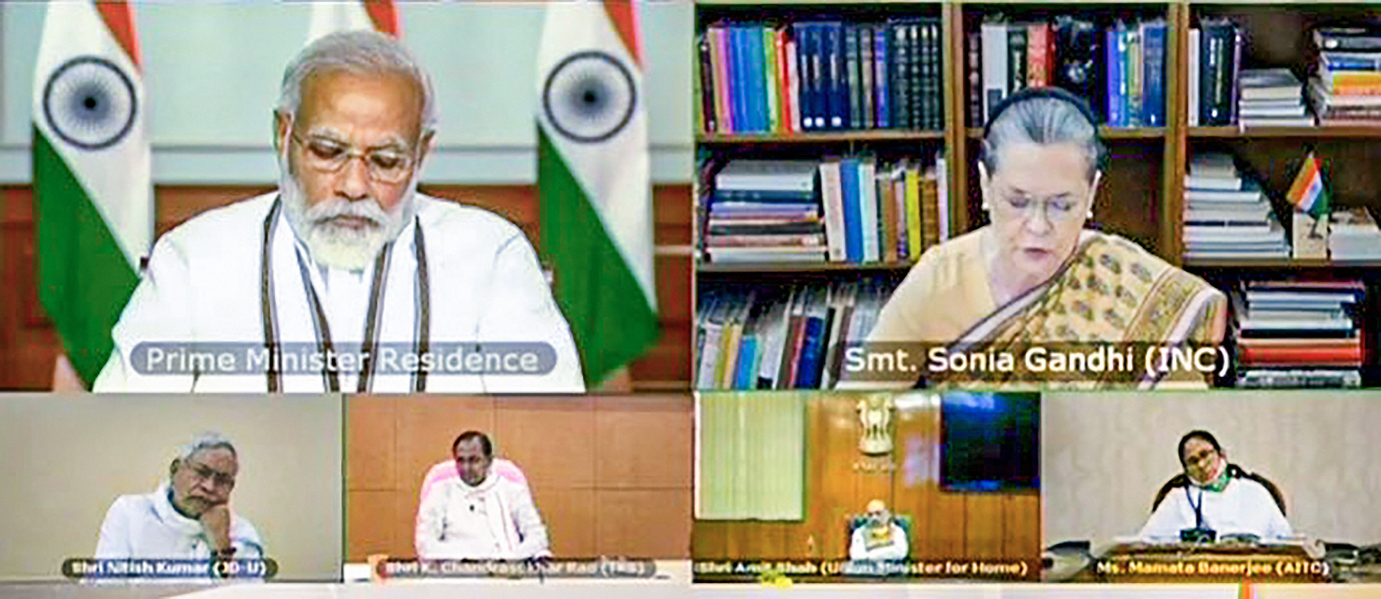 PM Narendra Modi talks with Congress Interim President Sonia Gandhi, Bihar CM Nitish Kumar, Telangana CM K. Chandrashekar Rao, Union Home Minister Amit Shah and West Bengal CM Mamata Banerjee during an all party meeting to discuss the situation along the India-China border in New Delhi.
