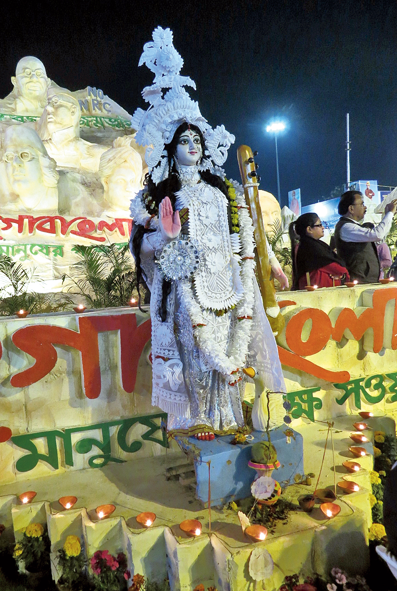 A Saraswati idol in front of the Jago Bangla stall which was worshipped