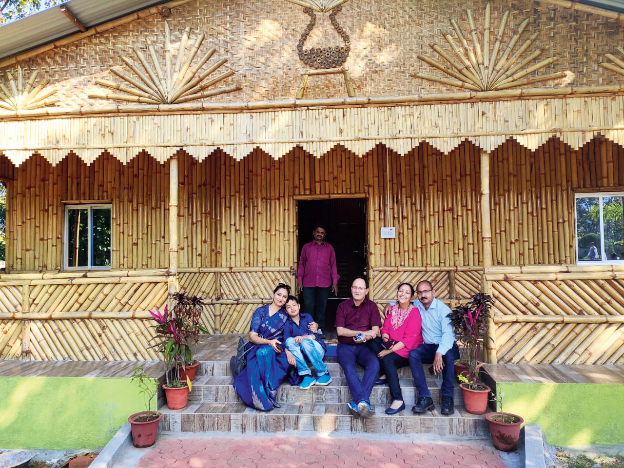 Tourists pose for pictures at the newly built bamboo hut at Dalma Wildlife Sanctuary. 
