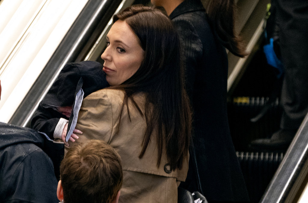 New Zealand Prime Minister Jacinda Ardern, holding her child Neve, arrives at the UN headquarters.