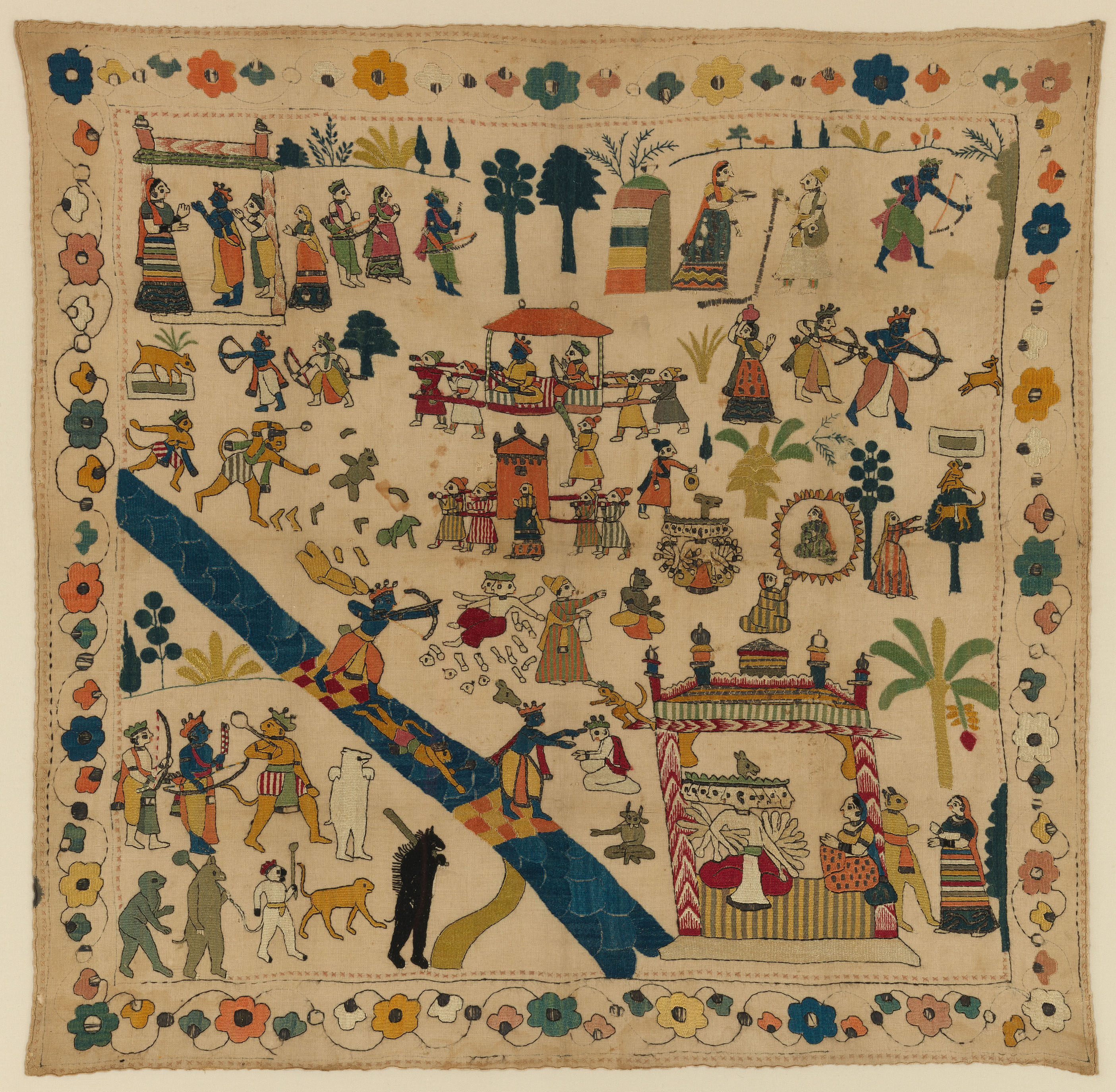 An 18th century cotton scarf from the Chamba region with scenes from the Ramayana embroidered on it with silk, tinsel and metal.