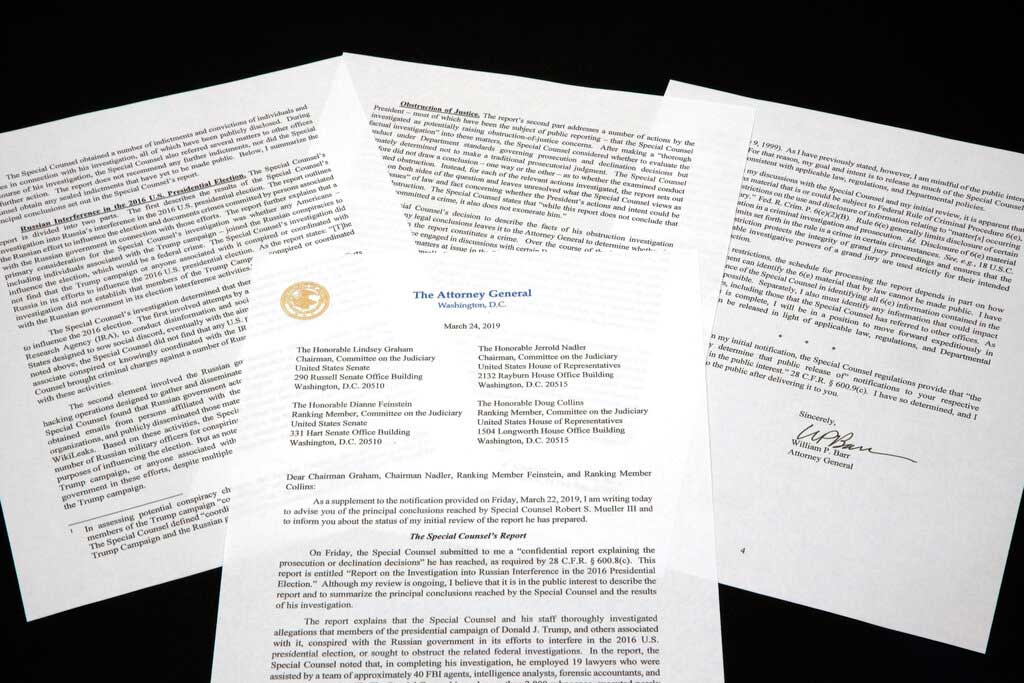 A copy of a letter from Attorney-General William Barr advising Congress of the principal conclusions reached by Robert Mueller.