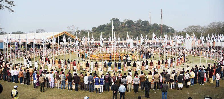 The gathering at the flag-hoisting ceremony during the Asam Sahitya Sabha session at Sualkuchi in Kamrup district on Sunday

