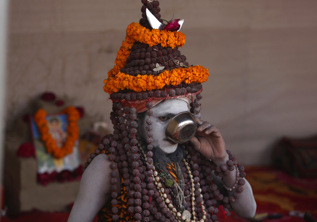 A sadhu at a make-shift Kumbh Mela camp at Sangam on Sunday.