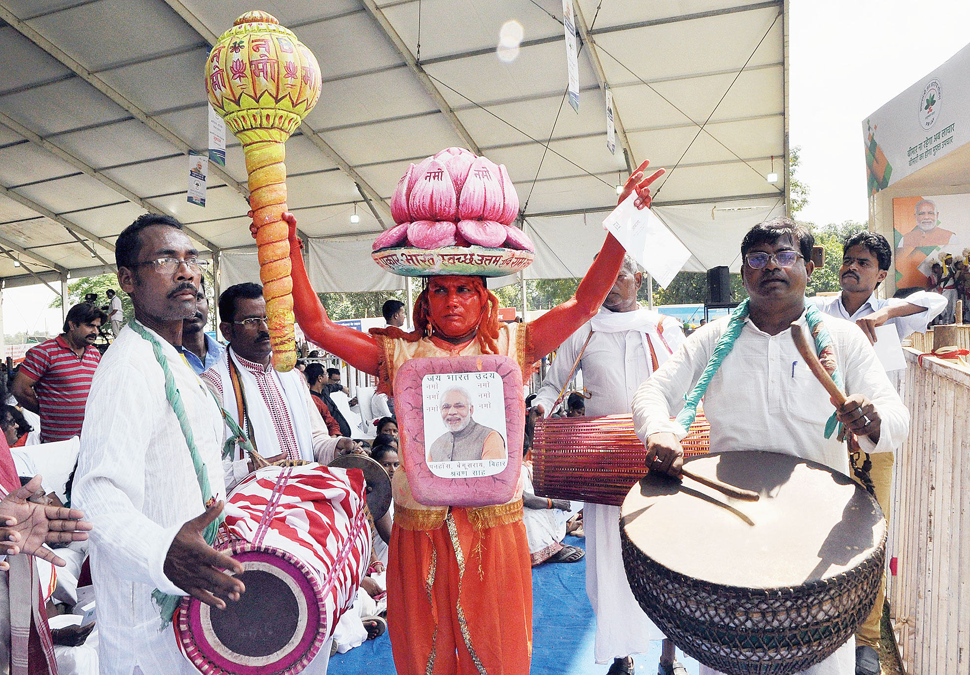 Bihar resident Shrawan Sah drums up support for PM Narendra Modi. 