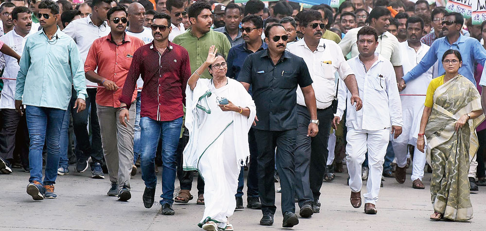 Bengal chief minister Mamata Banerjee on her road show from Calcutta's Joka to Taratala on Thursday