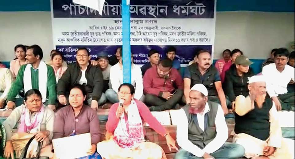 Protesters at the sit-in at Makum in Upper Assam’s Tinsukia district on Thursday. 

