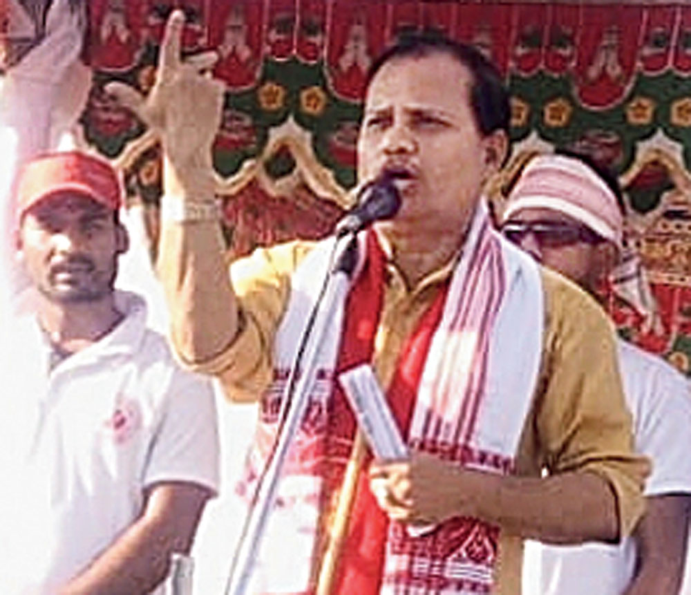 Parmananda Rajbongshi addresses the gathering in Dhubri on Monday. 
