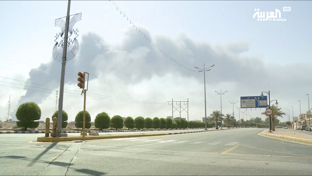 In this image taken from a video broadcast on the Saudi-owned Al-Arabiya satellite news channel on Saturday, September 14, 2019, smoke from a fire at the Abqaiq oil processing facility can be seen in Buqyaq, Saudi Arabia.