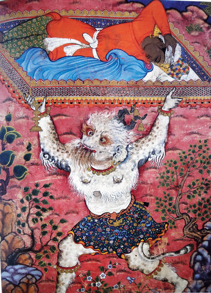 From the Hamzanama, a prince being abducted in his sleep by a demon