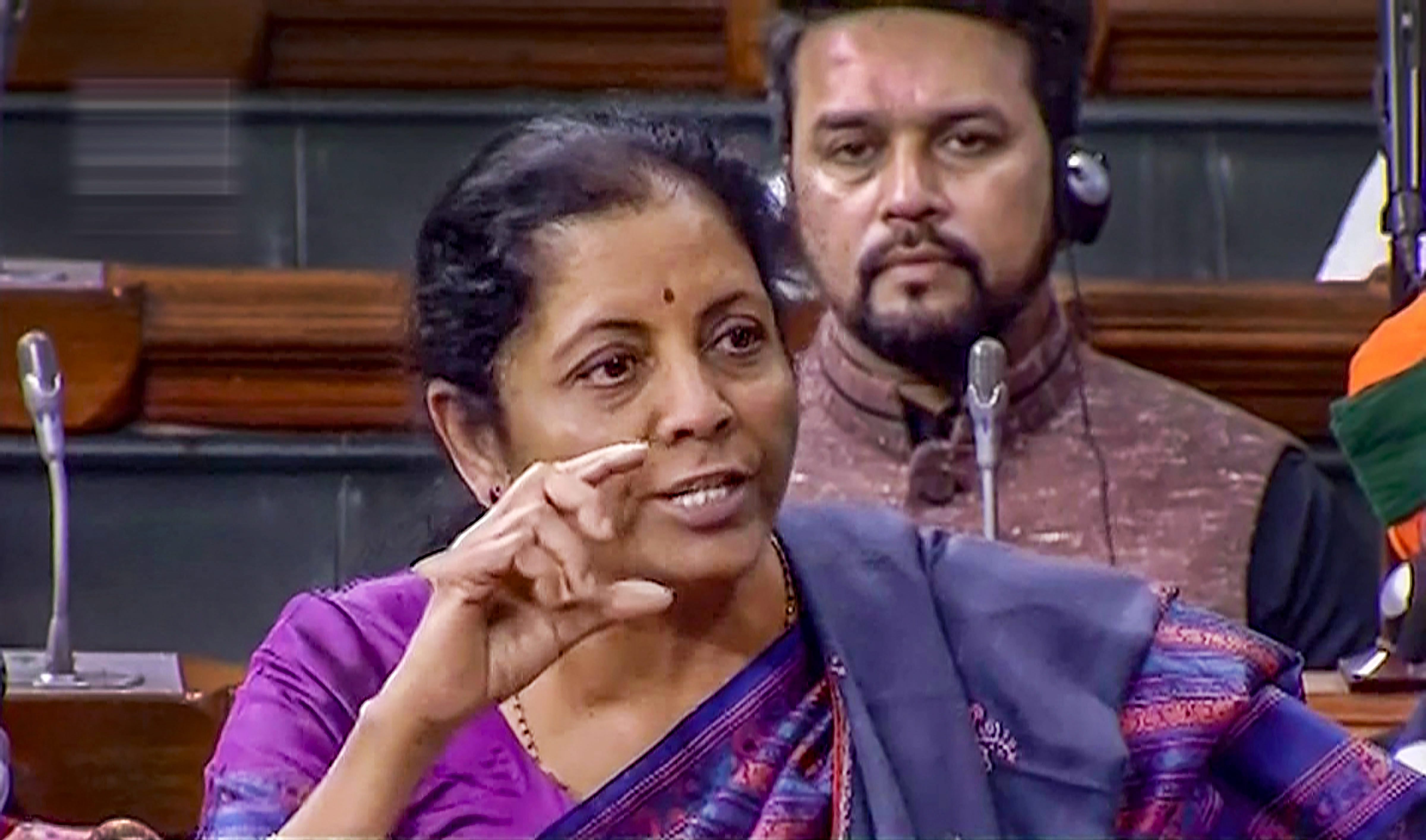 Nirmala Sitharaman speaks in the Lok Sabha during the Budget Session on Friday. 