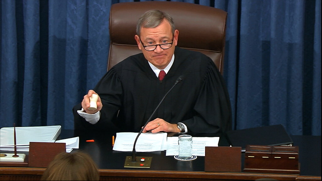 THE JUDGE
COURTROOM TRIAL: Federal trials, both civil and criminal, are presided over by District Court judges who are nominated by the president and confirmed by the Senate. They rule on questions of evidence, motions to dismiss a case or to exclude certain testimony, and all other disputes that emerge both before and during the trial.
SENATE TRIAL: None other than John Roberts (in picture), the chief justice of the United States, will preside over this case. He made the short trip Thursday from the Supreme Court to the Capitol to be sworn in. Exactly what role he'll play is unclear, though it may be a modest one in keeping with his insistence that judges aren't meant to be politicians. And even if Roberts were to make a ruling from the chair, 51 senators can vote to overrule him.