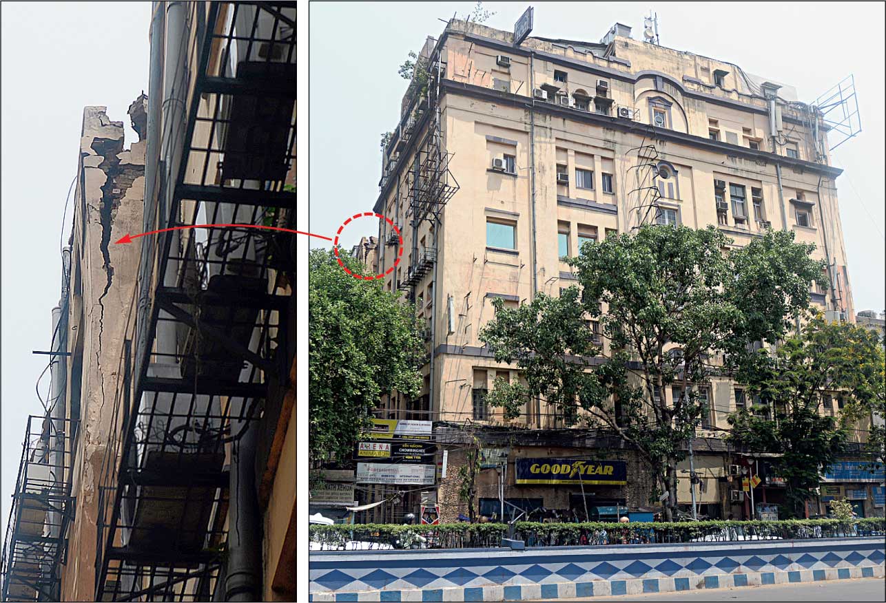 Cracks in the walls of 60A Chowringhee Road that had caught fire on Friday. 