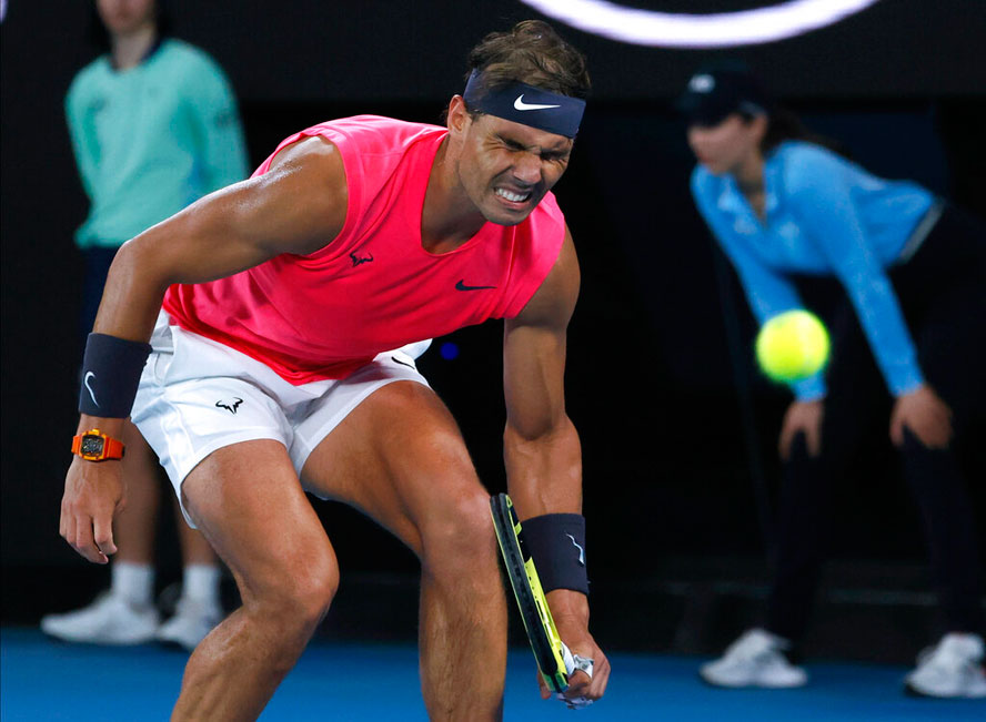 Rafael Nadal reacts during his quarterfinal match against Austria's Dominic Thiem at the Australian Open on Wednesday