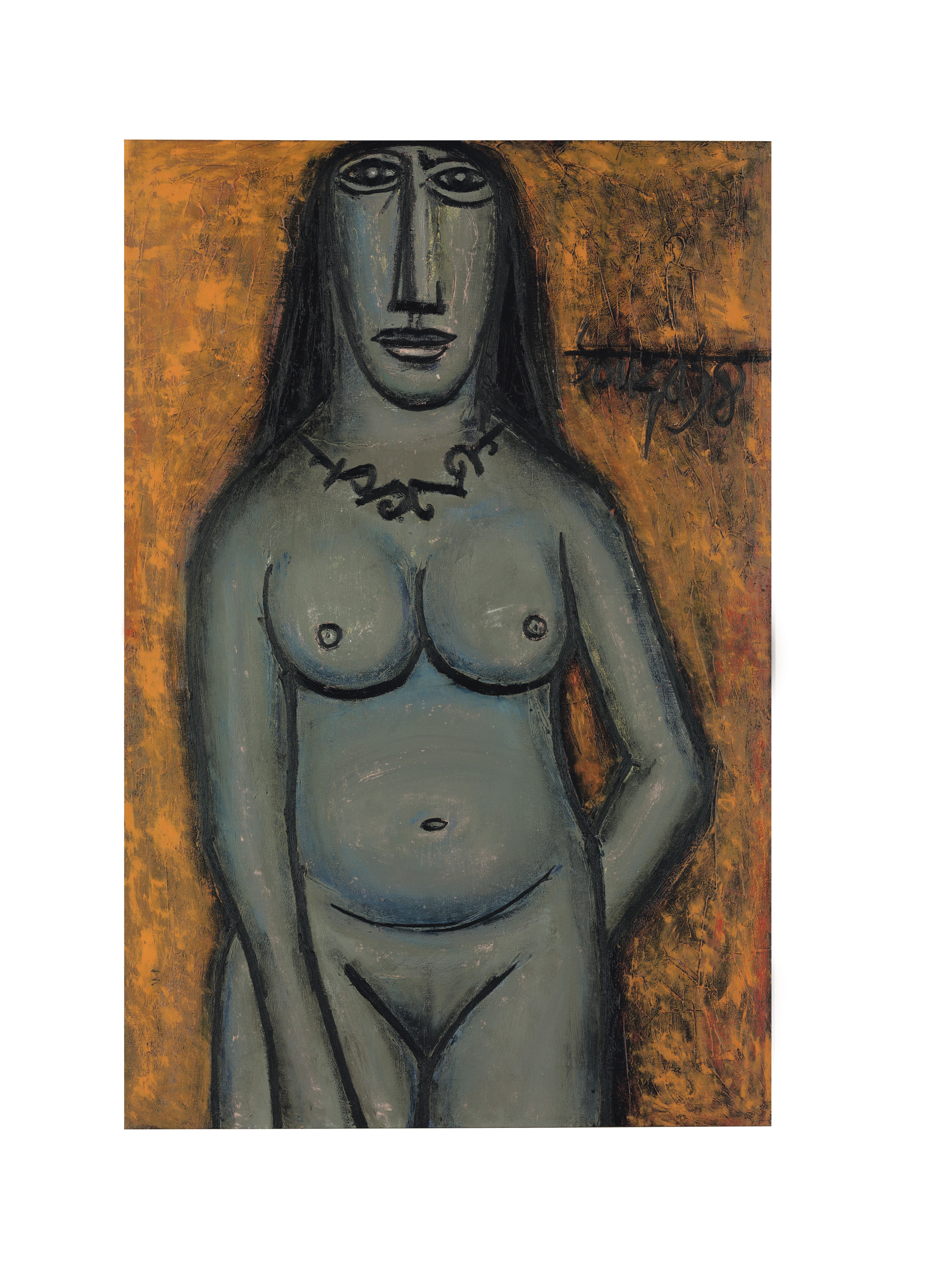Nude, F N Souza.
This 'Nude' was painted by Francis Newton Souza (1924-2002) in 1958, at a time when Souza had gained critical recognition, patronage and gallery representation in London. The subject in this painting illustrates the artist’s preference for robust figures in bold frontal poses, inspired by the temple sculptures of Khajuraho and Mathura. The voluptuous curves are reminiscent of Picasso’s geometry of forms. Souza’s mastery is evident in the delicate layering of colour and the subtle play of light and shade used to delineate her body. (Estimate: $150,000-200,000)